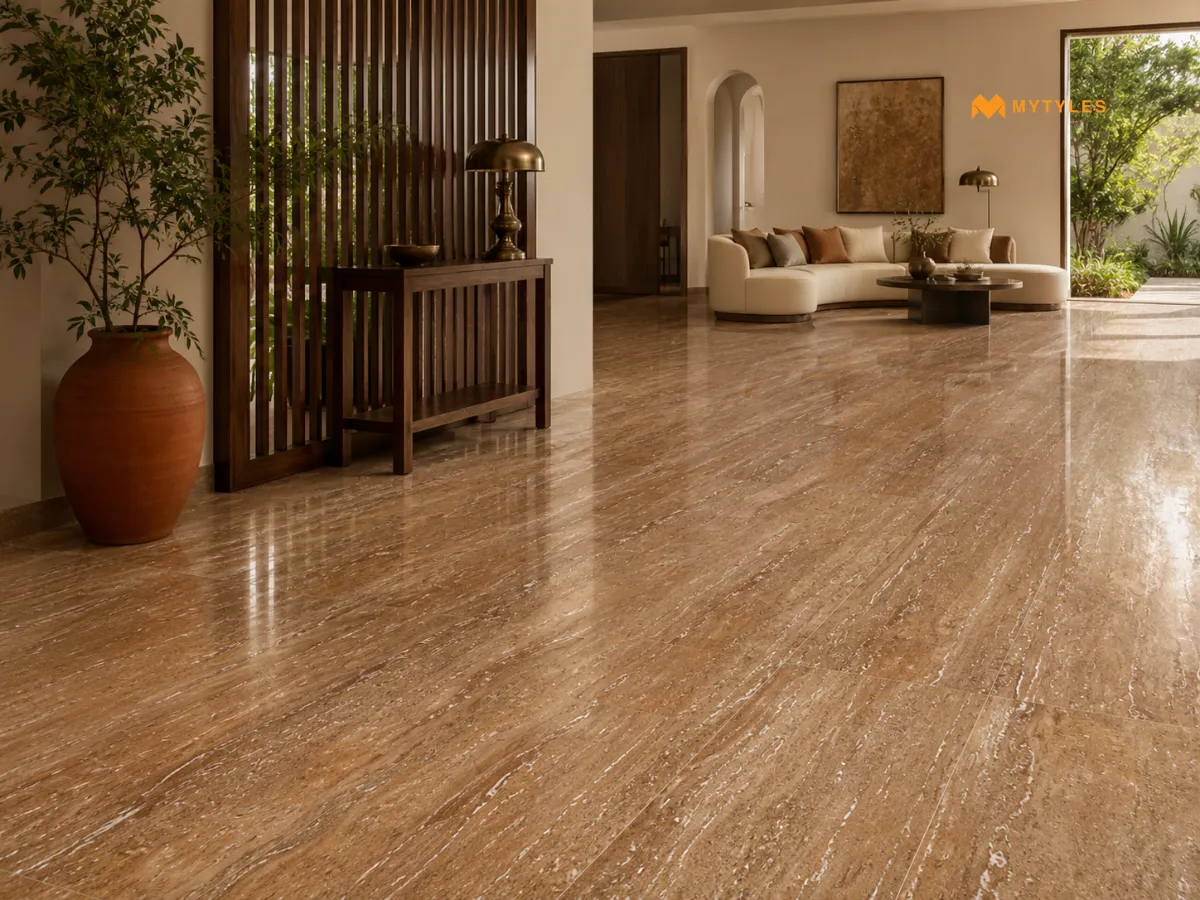 Noce Brown Travertine Floor Tile Application